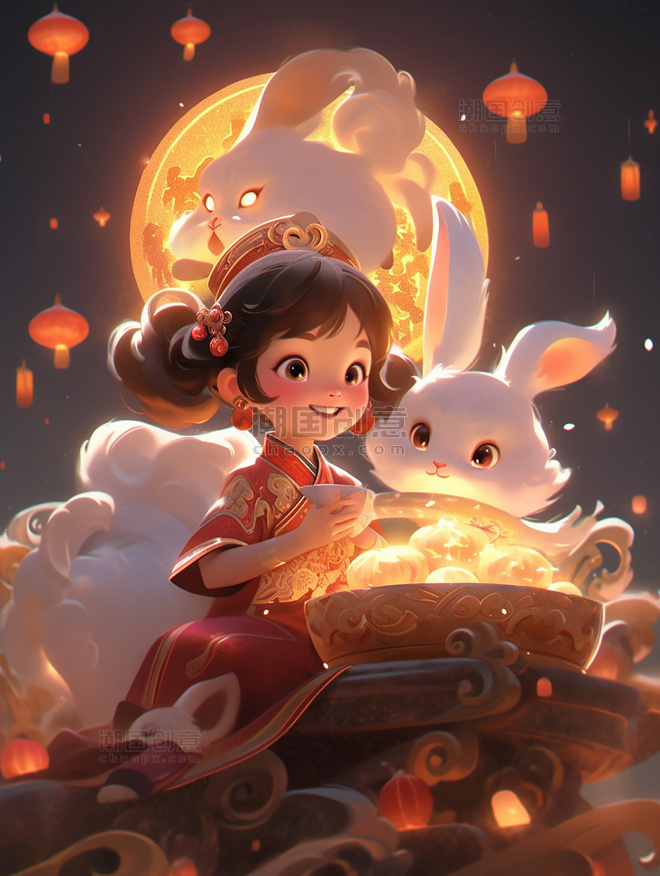 一个可爱的小仙女穿着古装和一只兔子在女孩身边玩耍月饼祥云月亮皮克斯风格中秋节