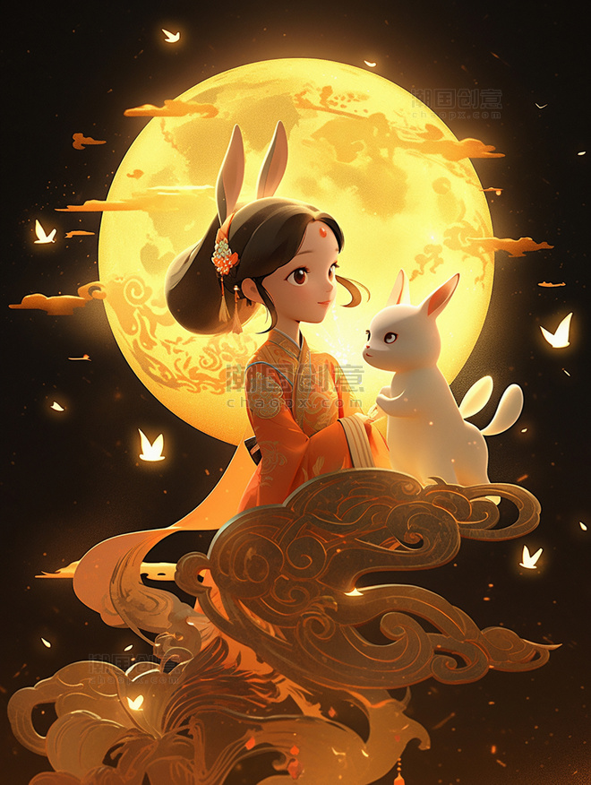 一个可爱的小仙女穿着古装和一只兔子在女孩身边玩耍月饼祥云月亮中秋节皮克斯风格