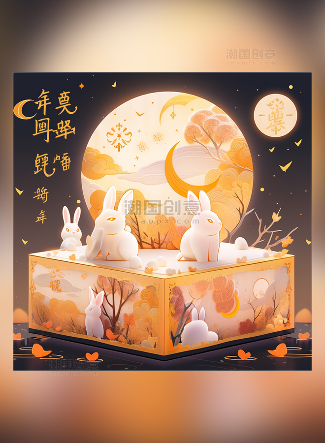 月饼和兔子中国中秋节月饼食品包装盒的包装设计
