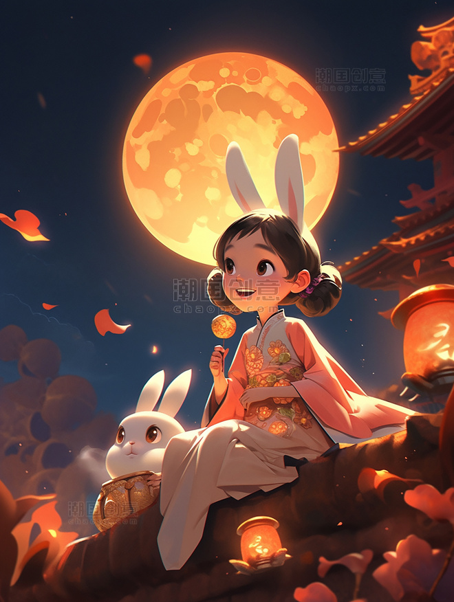 中秋节一个可爱的小仙女穿着古装和一只兔子在女孩身边玩耍月饼祥云月亮皮克斯风格