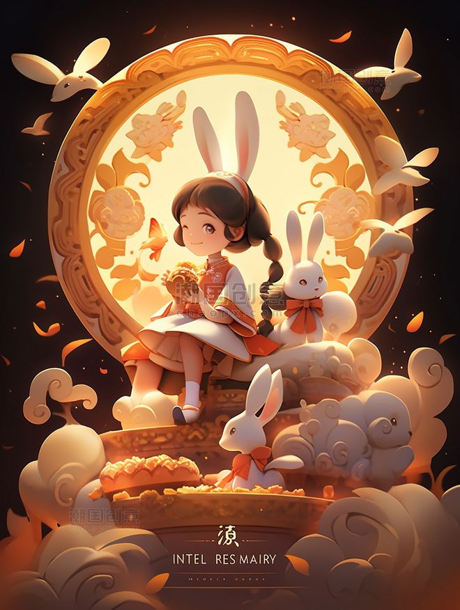中秋节一个可爱的小仙女穿着古装和一只兔子在女孩身边玩耍皮克斯风格月饼祥云月亮
