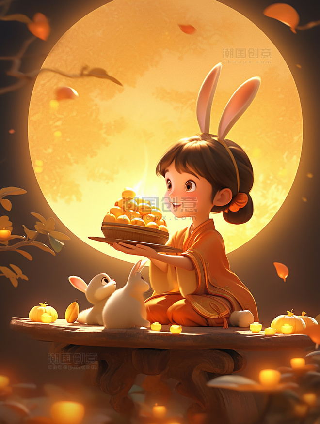 中秋节月亮皮克斯风格一个可爱的小仙女穿着古装和一只兔子在女孩身边玩耍月饼祥云