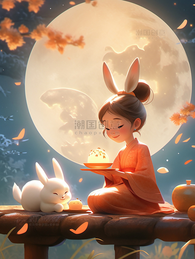 中秋节小仙女穿着古装兔子在女孩身边玩耍月饼祥云月亮皮克斯风格