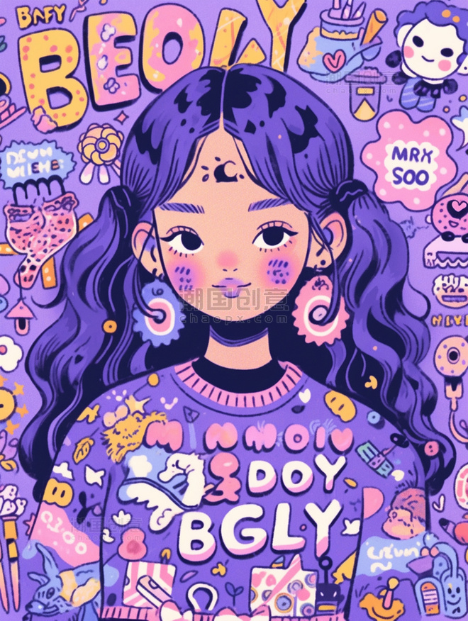 多巴胺女孩很酷的穿搭卡通插画紫色扁平风