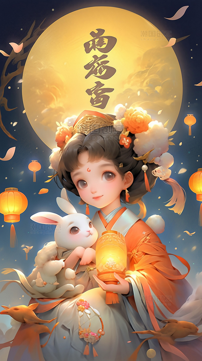 传统节日中秋节卡通插画可爱小女孩嫦娥玉兔桂花树月饼灯笼