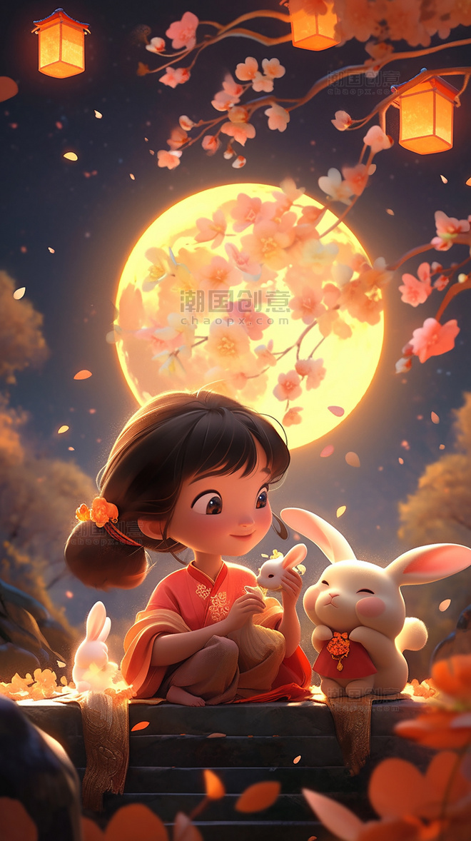 月饼灯笼皮克斯风格中秋节传统节日卡通插画嫦娥玉兔桂花树