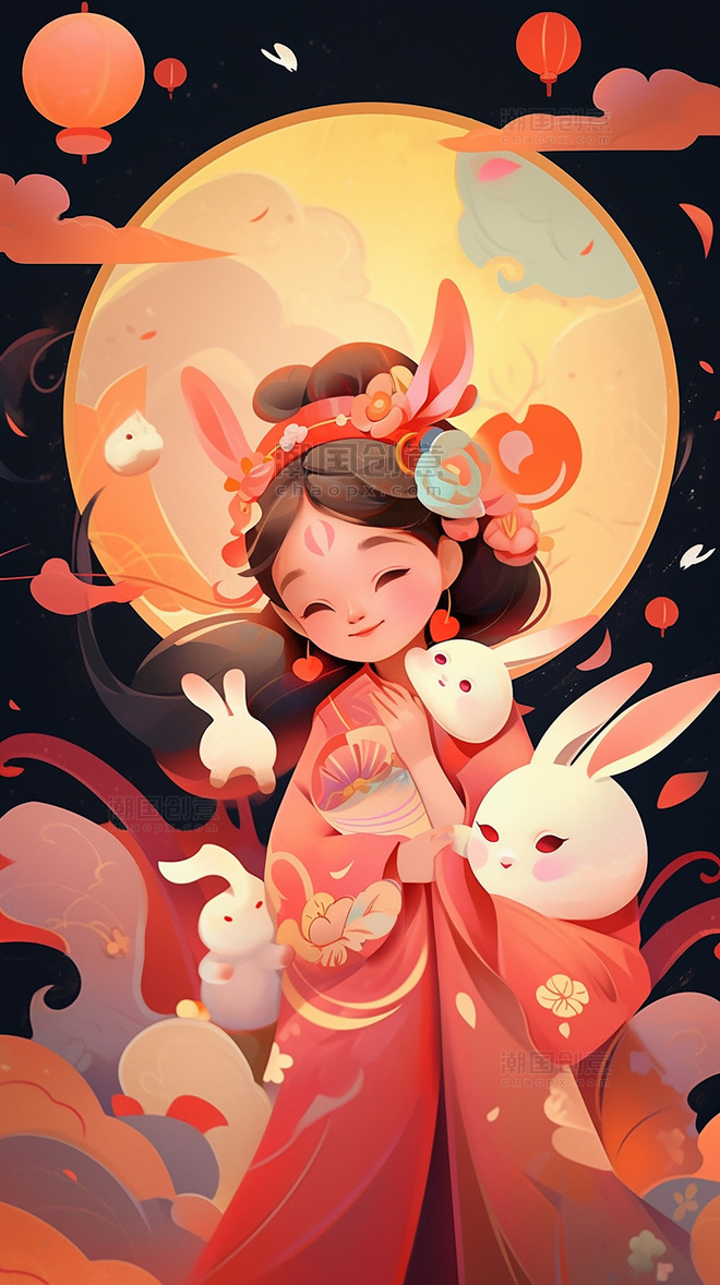 中秋节传统节日可爱小女孩嫦娥玉兔桂花树月饼灯笼卡通插画