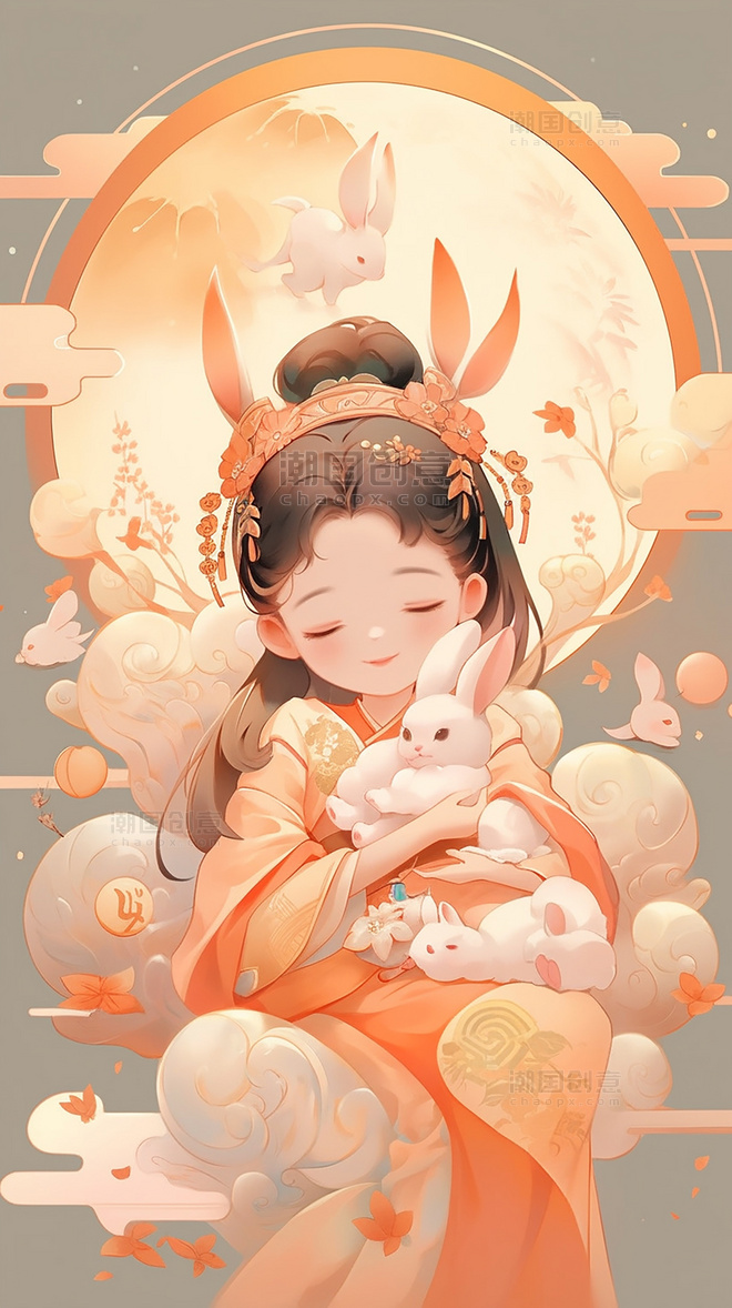 月饼灯笼中秋节传统节日卡通插画可爱小女孩嫦娥玉兔桂花树