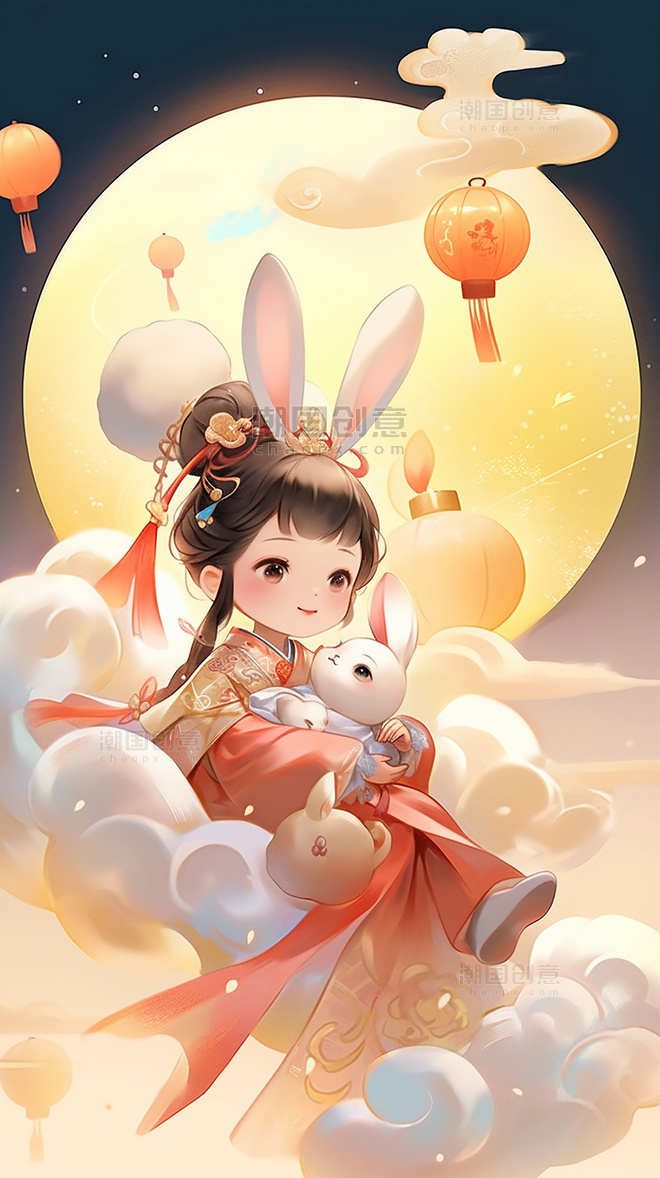 中秋节传统节日卡通插画可爱小女孩嫦娥玉兔桂花树