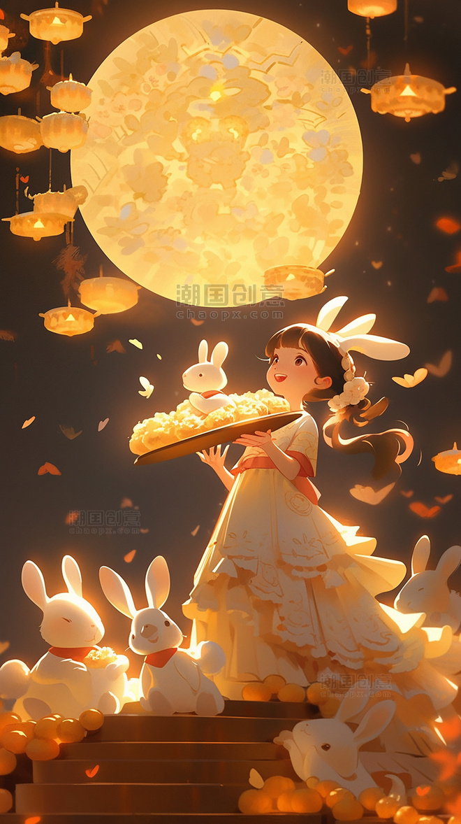 玉兔桂花树月饼灯笼中秋节传统节日卡通插画嫦娥