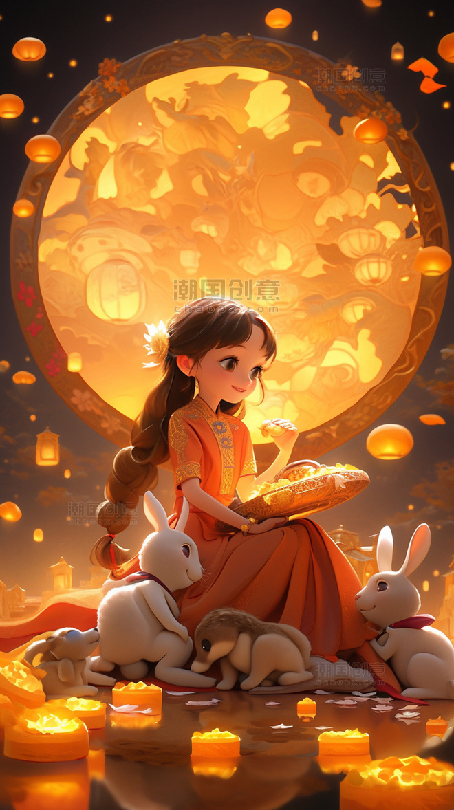 中秋节中国风人物孔明灯兔子
