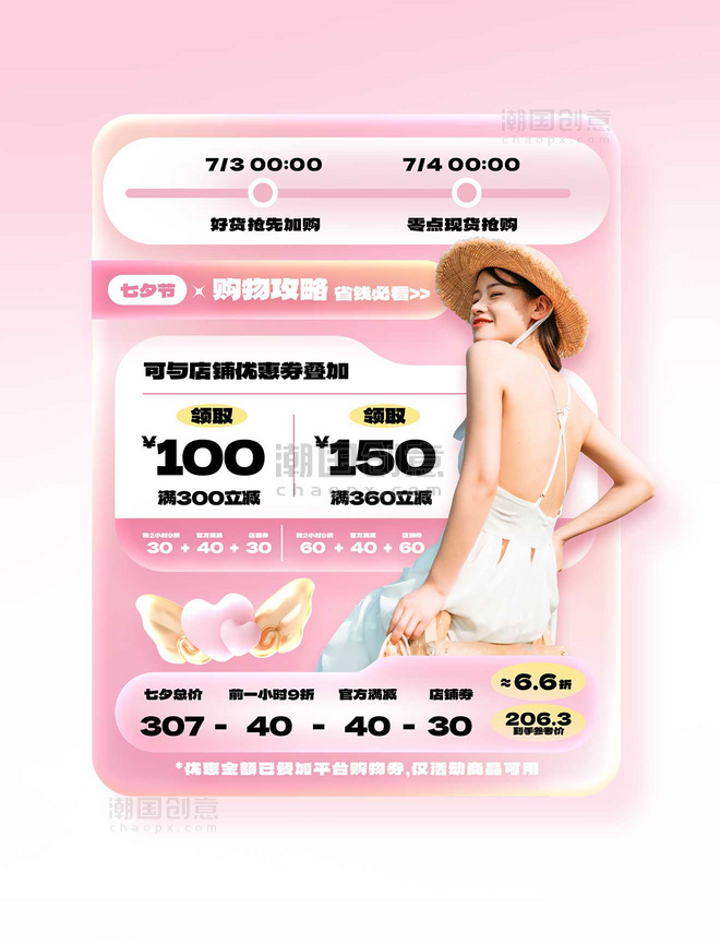 七夕情人节粉色系人物情人节电商促销优惠券模板