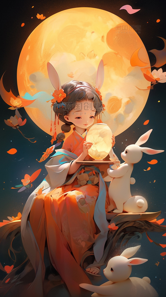 中秋节中国风人物美女兔子明月灯笼 