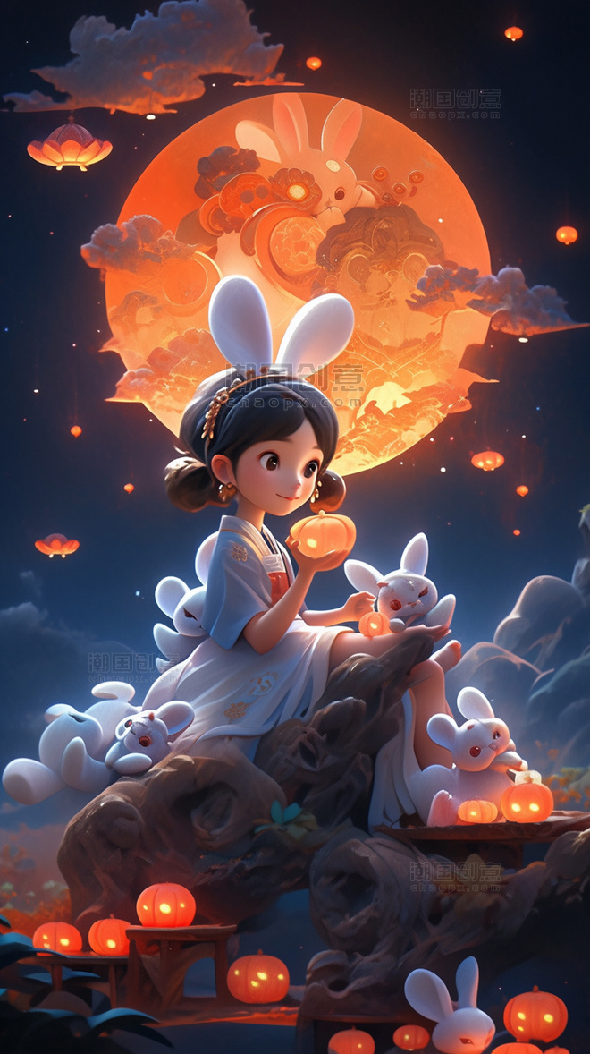 中秋节中国风女孩兔子明月灯笼