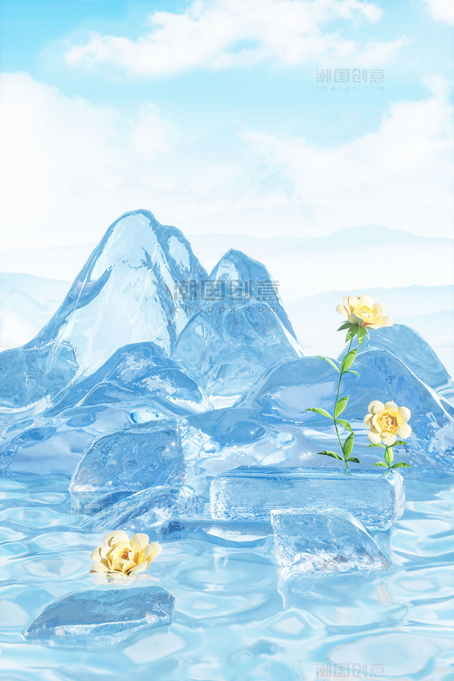 3D立体夏日夏天冰山水面冰块花朵场景