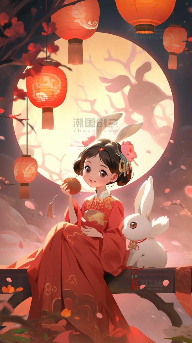 中秋节中国风人物女孩月饼白兔