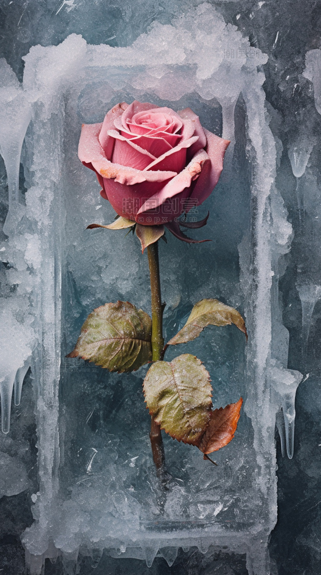 一朵深粉色玫瑰在冰川中梦幻花卉背景