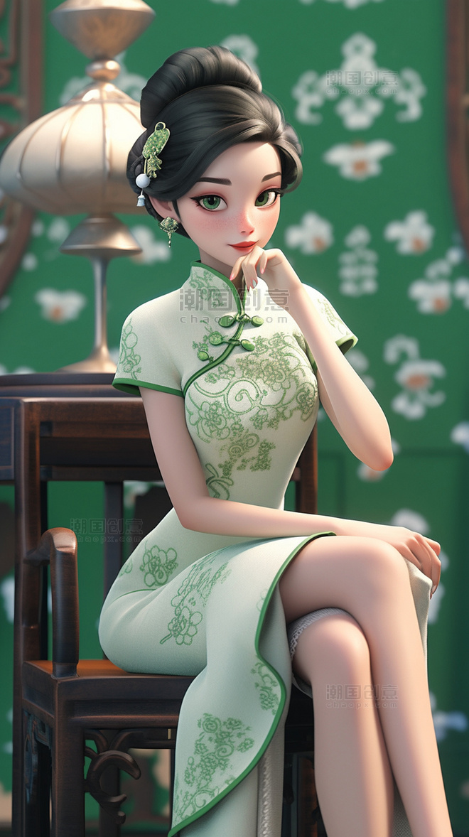 绿色旗袍美女丸子头戴发卡中国风国潮3D人物