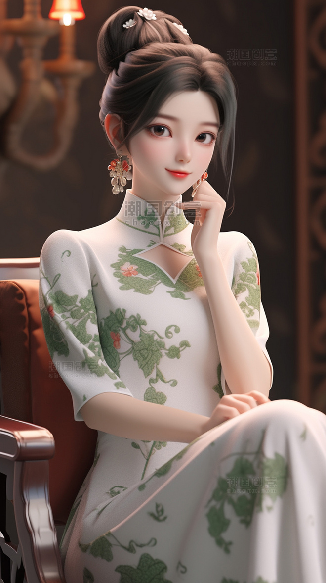 绿色花纹旗袍美女插画中国风国潮3D人物