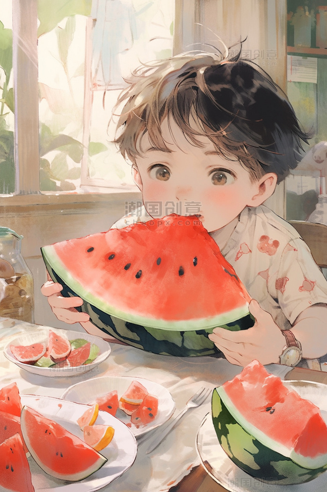 夏天暑假假期吃西瓜小男孩插画海报