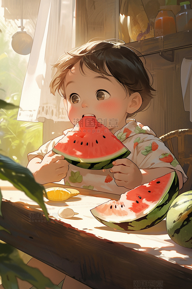 夏天夏至开心的吃西瓜的小男孩插画