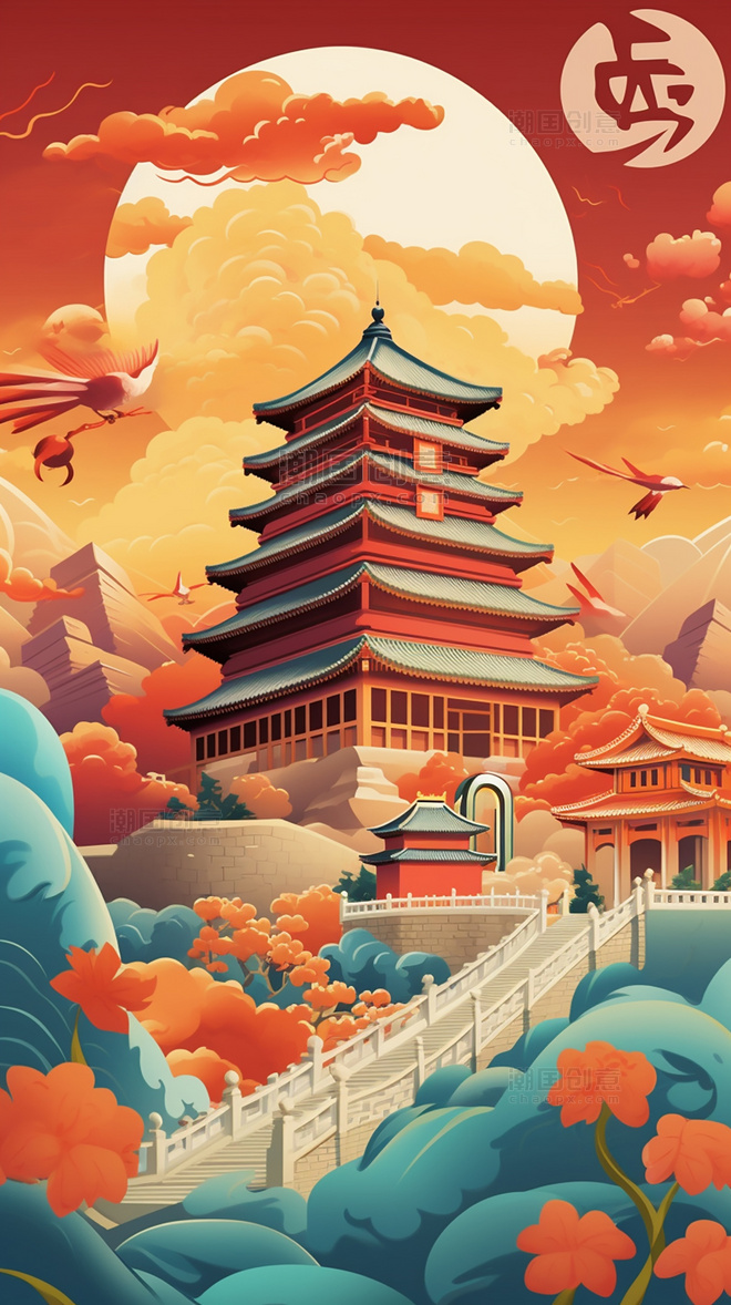 中国风建筑国庆节中国北京长城和天坛扁平风插画迷幻漫画