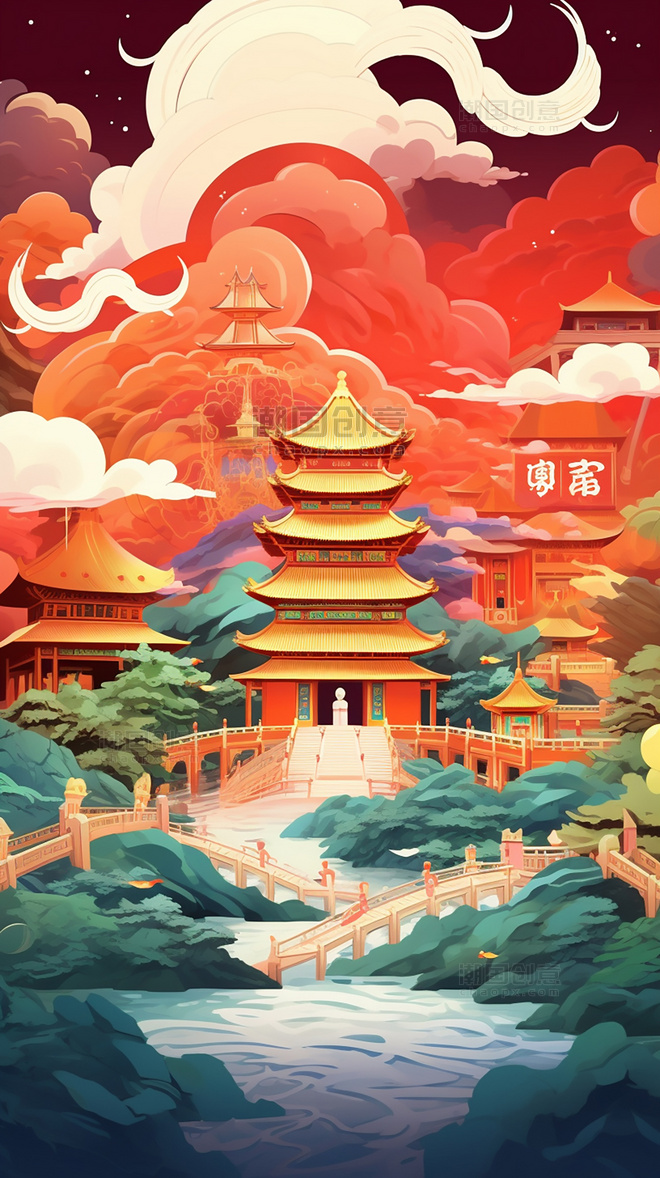国庆节中国北京长城和天坛迷幻漫画中国风建筑扁平风插画