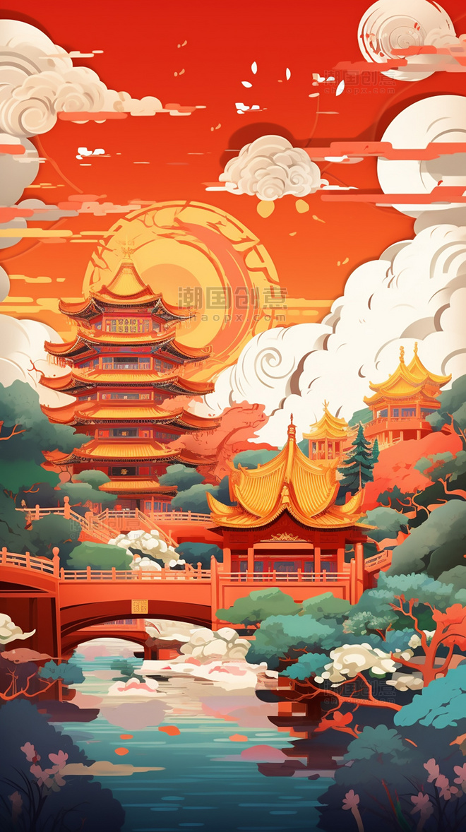 中国风建筑国庆节迷幻漫画扁平风插画北京长城和天坛