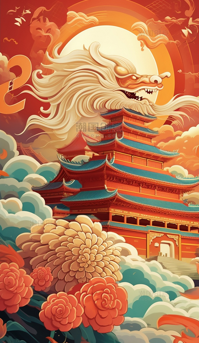国庆节中国北京长城和天坛迷幻中国风建筑漫画扁平风插画