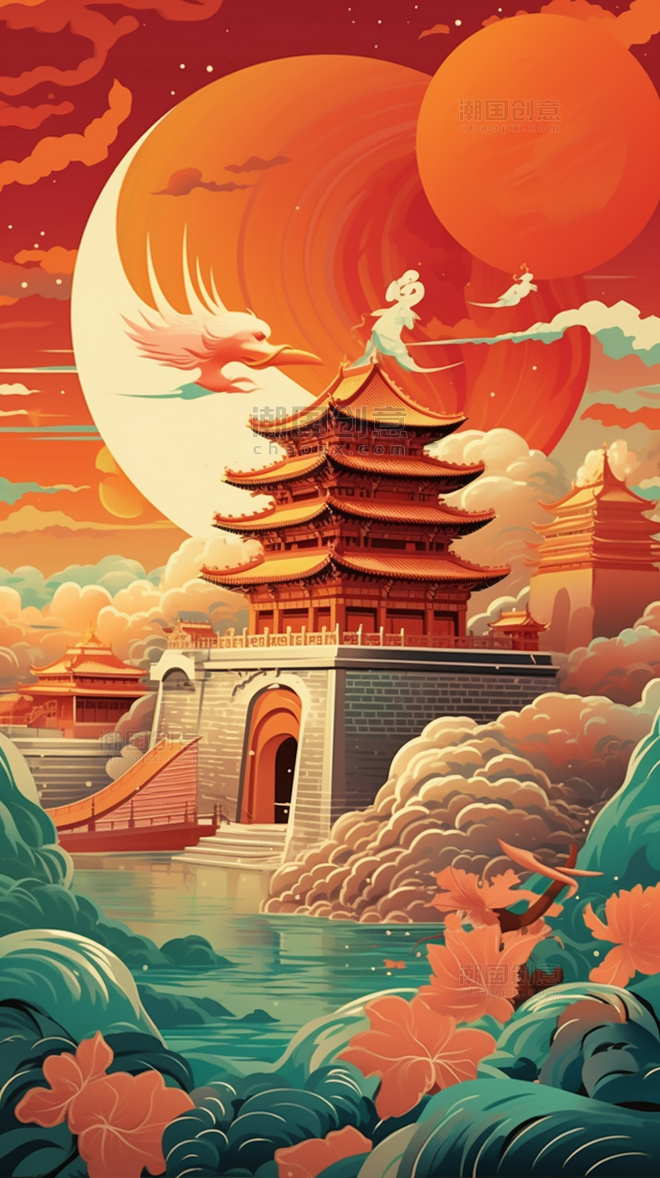 中国风建筑国庆节中国北京长城和天坛扁平风插画