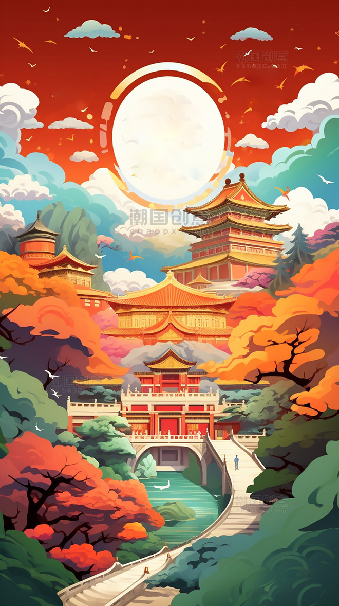 中国风建筑国庆节扁平风插画中国北京长城和天坛迷幻漫画