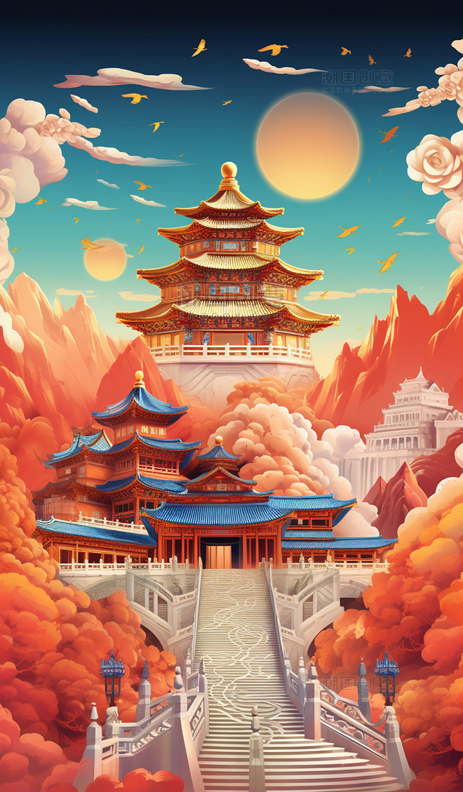 扁平风插画中国风建筑国庆节中国北京长城天坛