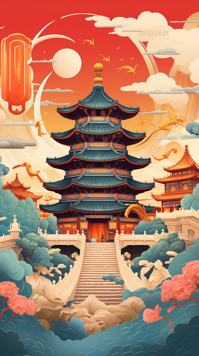 建筑国庆节中国北京长城和天坛迷幻漫画扁平风插画中国风