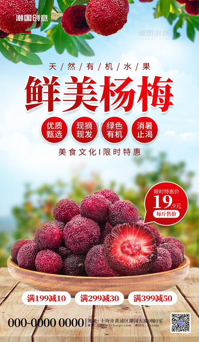 鲜美水果杨梅美食红色促销海报