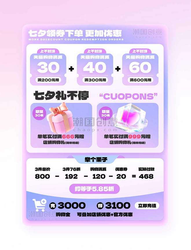 七夕情人节紫色系情人节电商促销优惠券模板