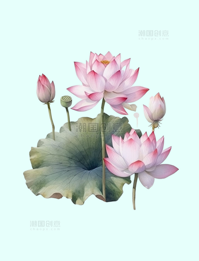水彩植物粉红色的荷花和荷叶水彩画插图