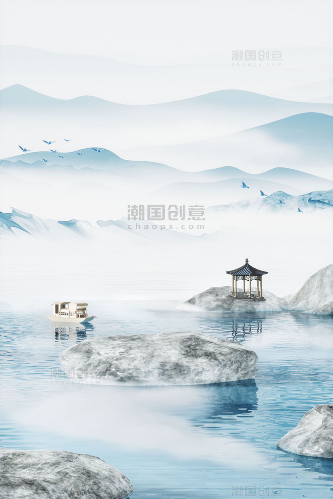 中国风3D立体山水场景国潮水墨湖心亭