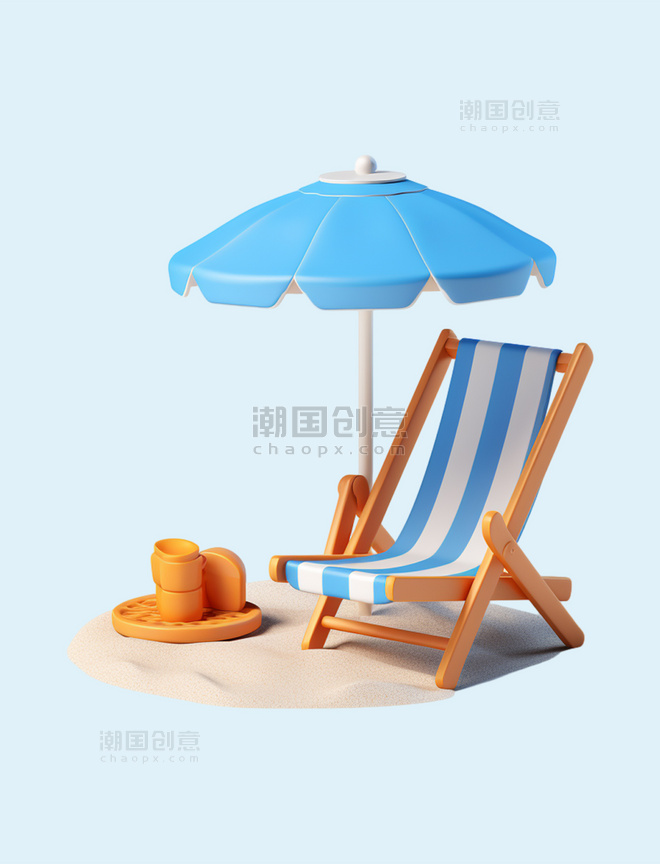 3D立体夏日场景沙滩遮阳