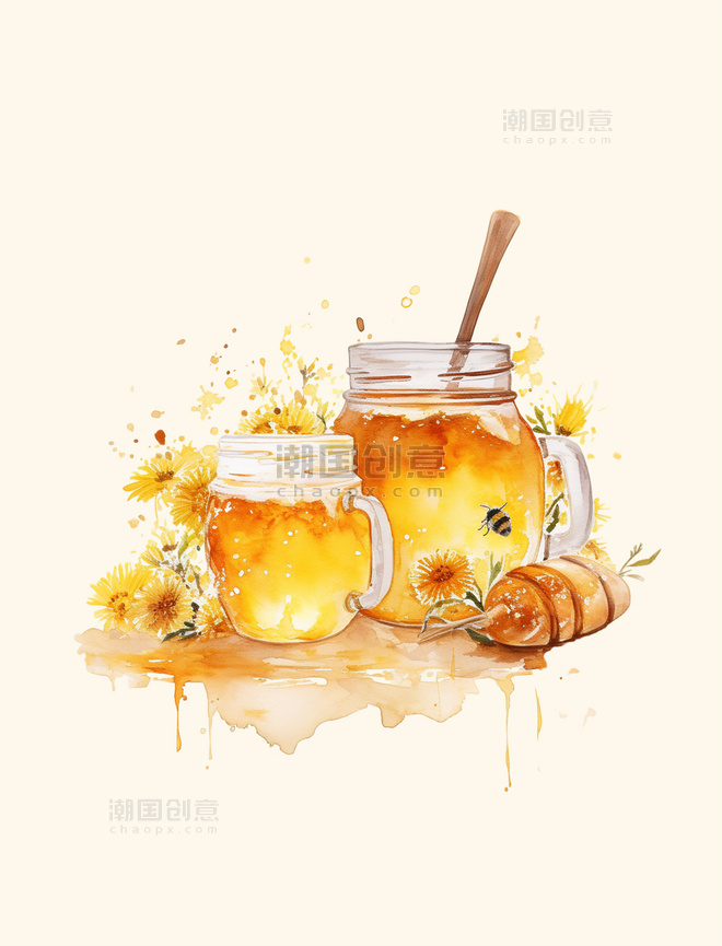 水彩金黄色蜂蜜水饮品