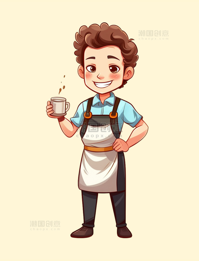 围裙卡通人物插图中的可爱男孩咖啡巧克力饮料