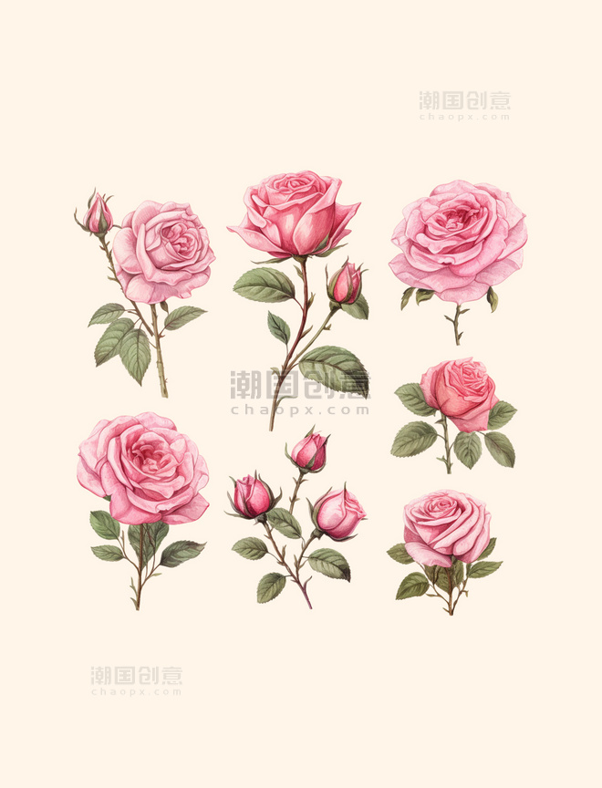 手绘粉色玫瑰系列植物合集