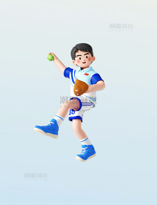 运动会3D立体男运动员人物打垒球形象亚运会