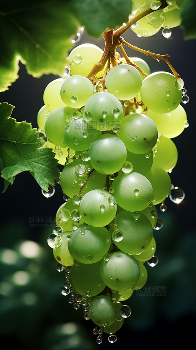 一串绿色的葡萄上面沾着水滴高清摄影图水果