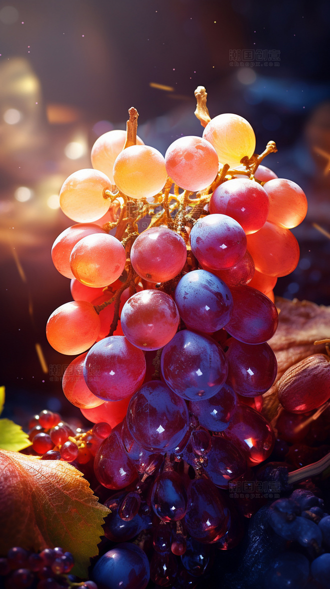 一串光感强烈的葡萄摄影图光线充足水果