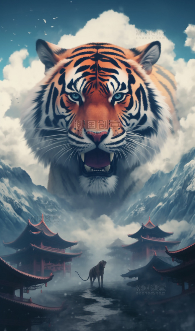 女孩身后是老虎巨大的虎头雄伟的老虎中国山水背景烟云