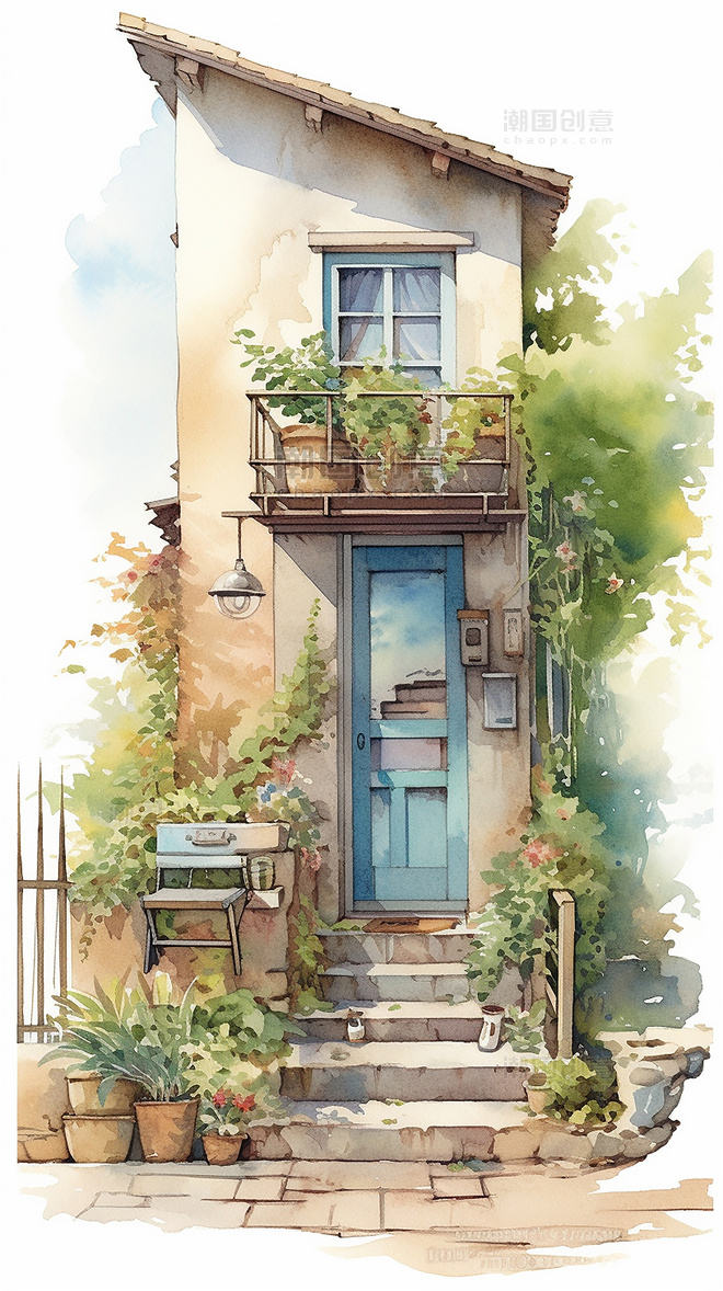 花园植物的小房子的水彩画蓝色和米色风格铅笔艺术插图海边场景