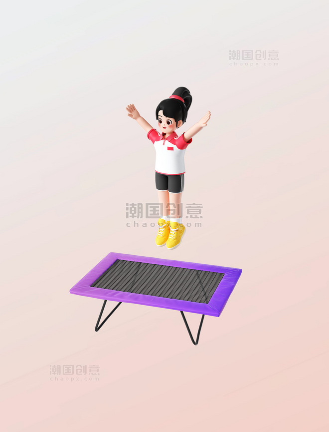 运动会3D立体女运动员人物蹦床形象亚运会