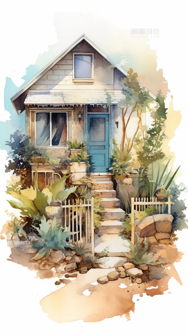 建筑花园植物的小房子的水彩画蓝色和米色风格铅笔艺术插图海边场景