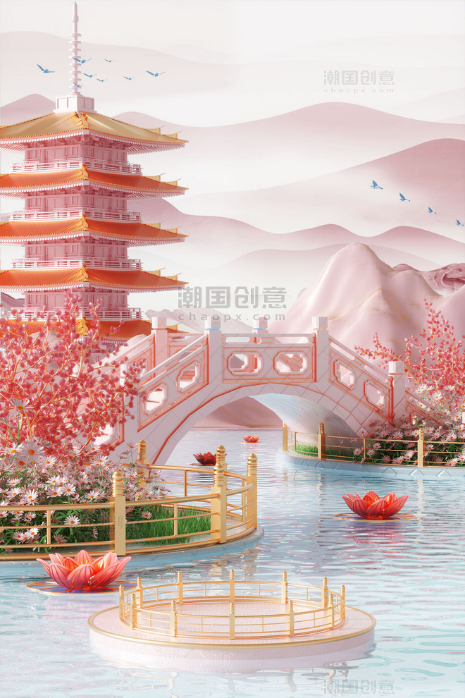 3D立体七夕中国风鹊桥建筑展台场景