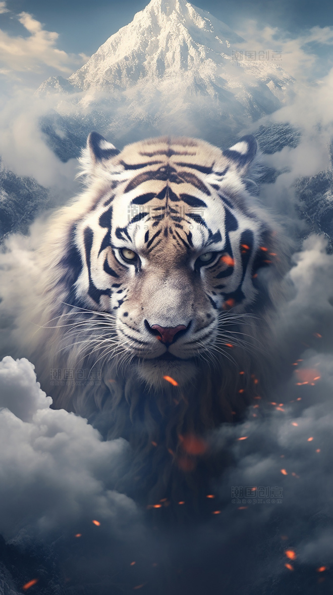 老虎巨大的虎头雄伟的老虎烟云中国山水背景